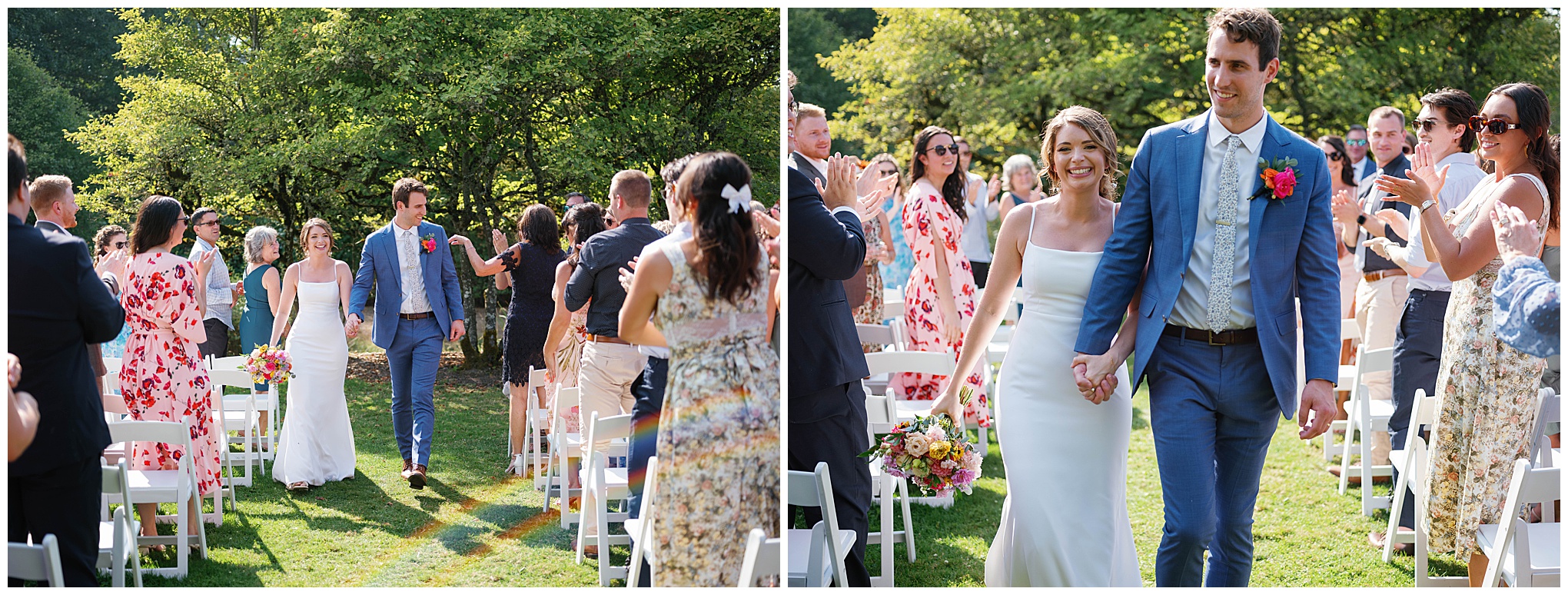 Grace and Chris walk down the aisle as a married couple, greeted by applause from their guests at the Center for Urban Horticulture.