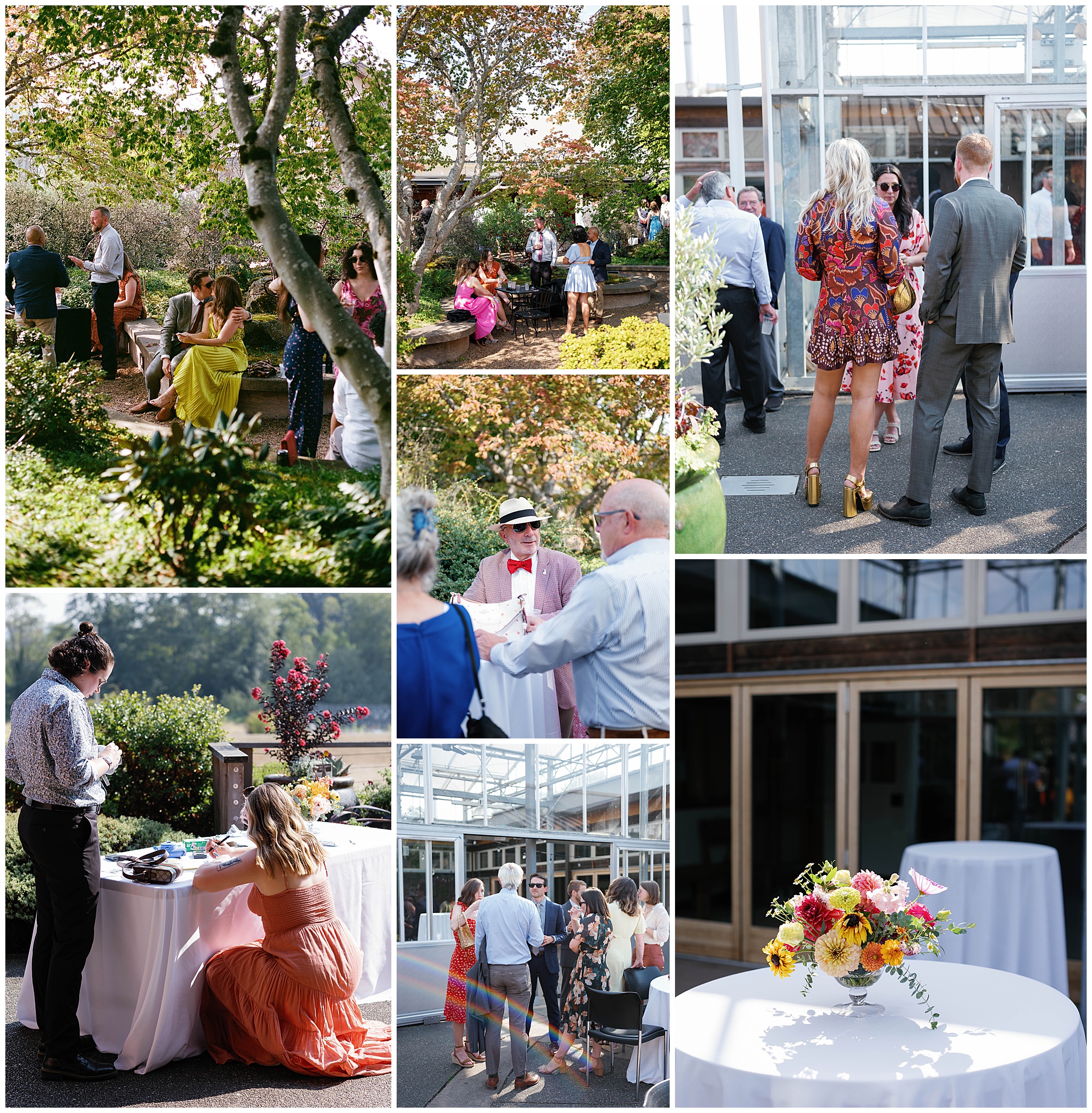 Guests enjoy a cocktail hour in the garden area during Grace and Chris's wedding reception at the Center for Urban Horticulture.