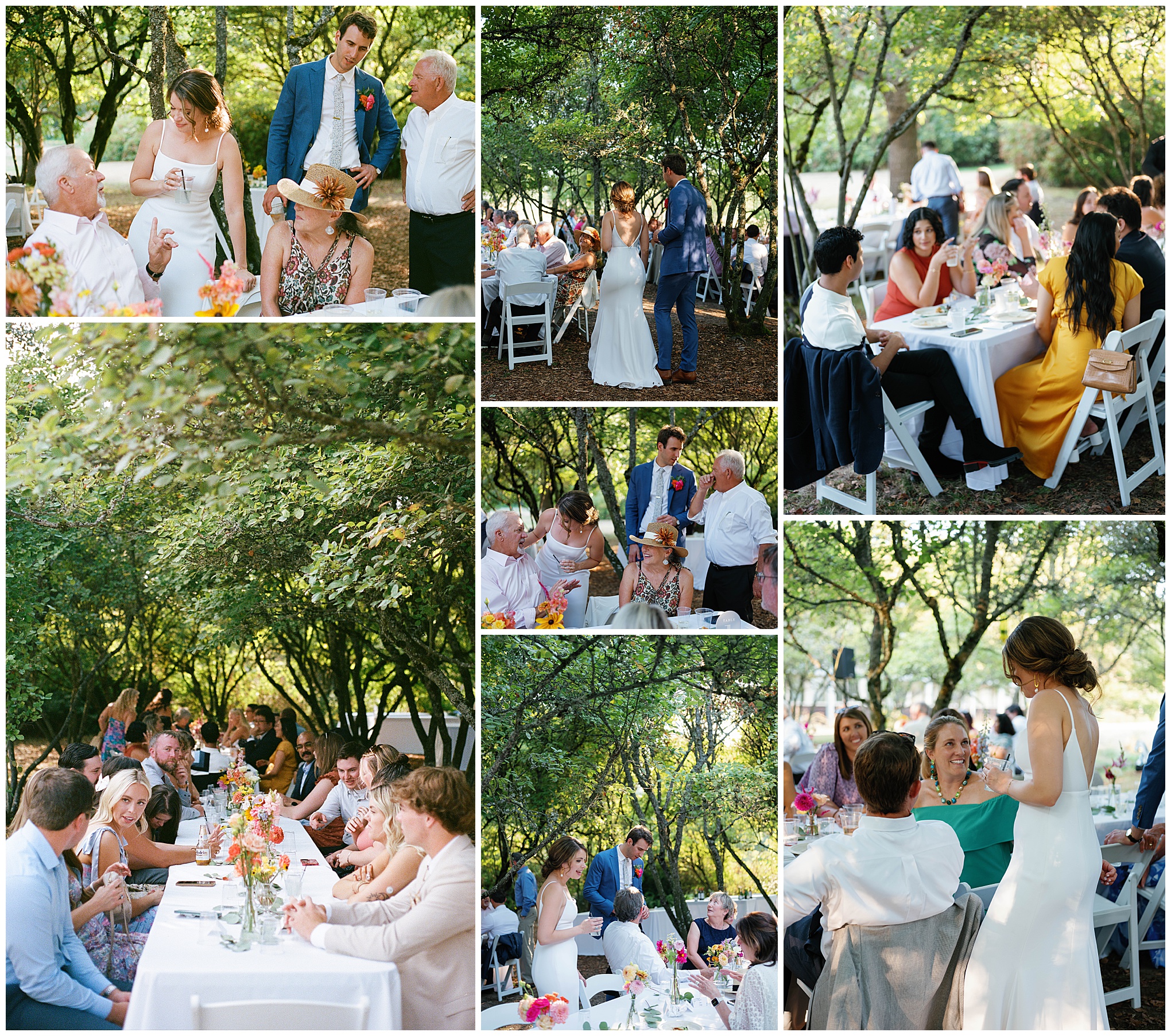 Guests seated at long tables under trees, enjoying dinner and conversation at Grace and Chris's wedding reception at the Center for Urban Horticulture.