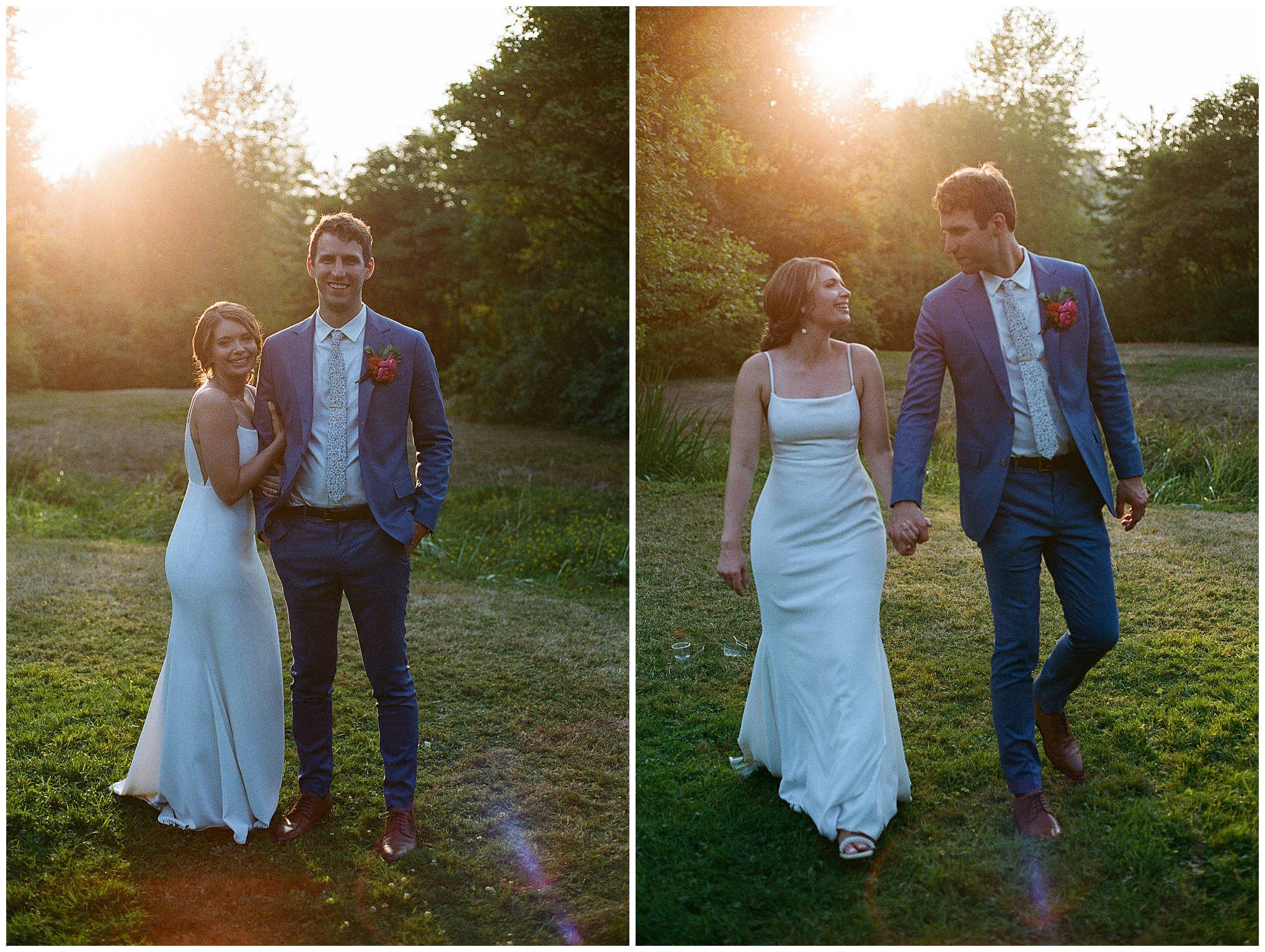 Grace and Chris walking together during golden hour at the Center for Urban Horticulture.