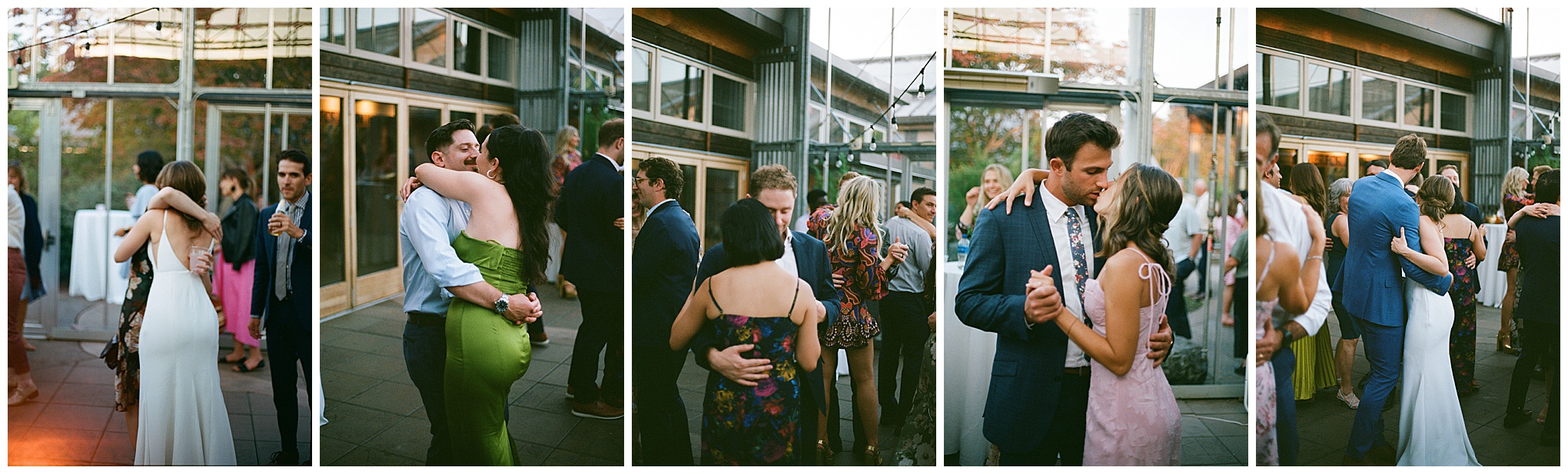 Guests dancing and celebrating during the wedding reception at the Center for Urban Horticulture.