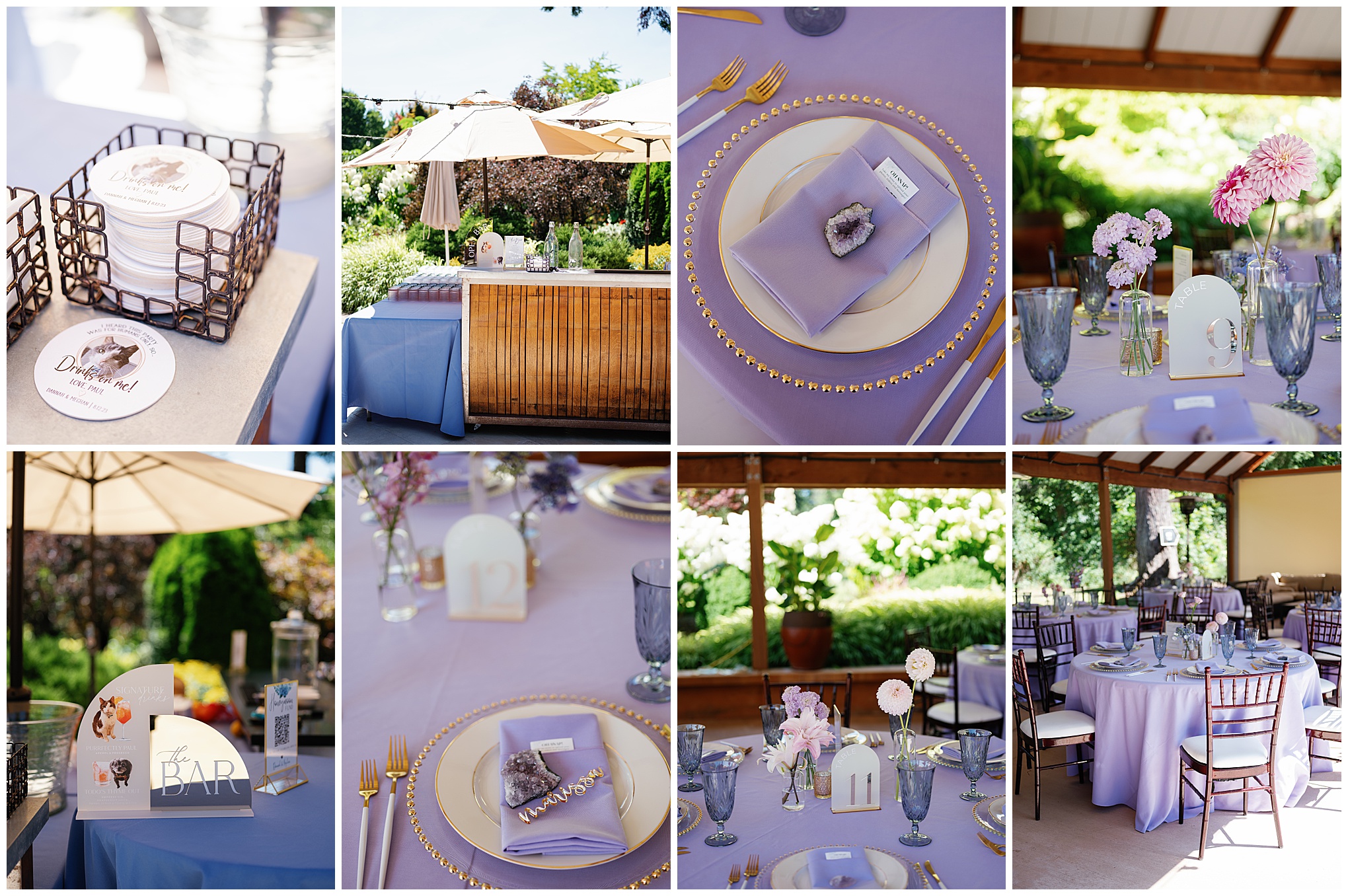 Purple and gold reception decor with table settings and floral arrangements.