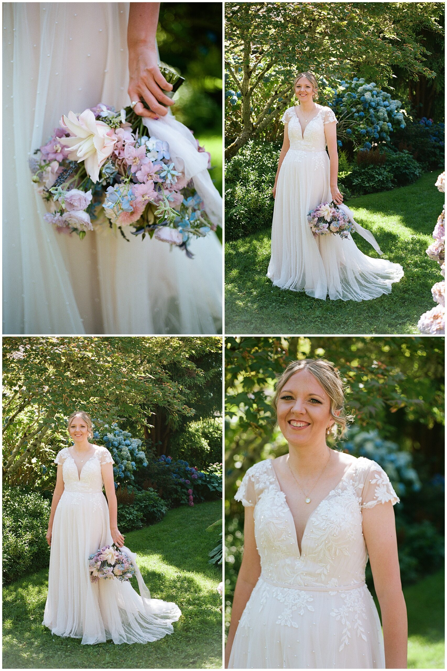 Bride holding a pastel floral bouquet at Froggsong Gardens.