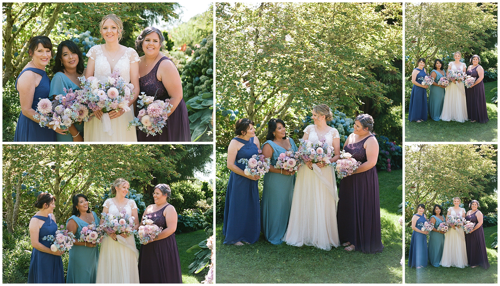 Bridesmaids and bride posing together with matching bouquets of purple and pink flowers in the garden.