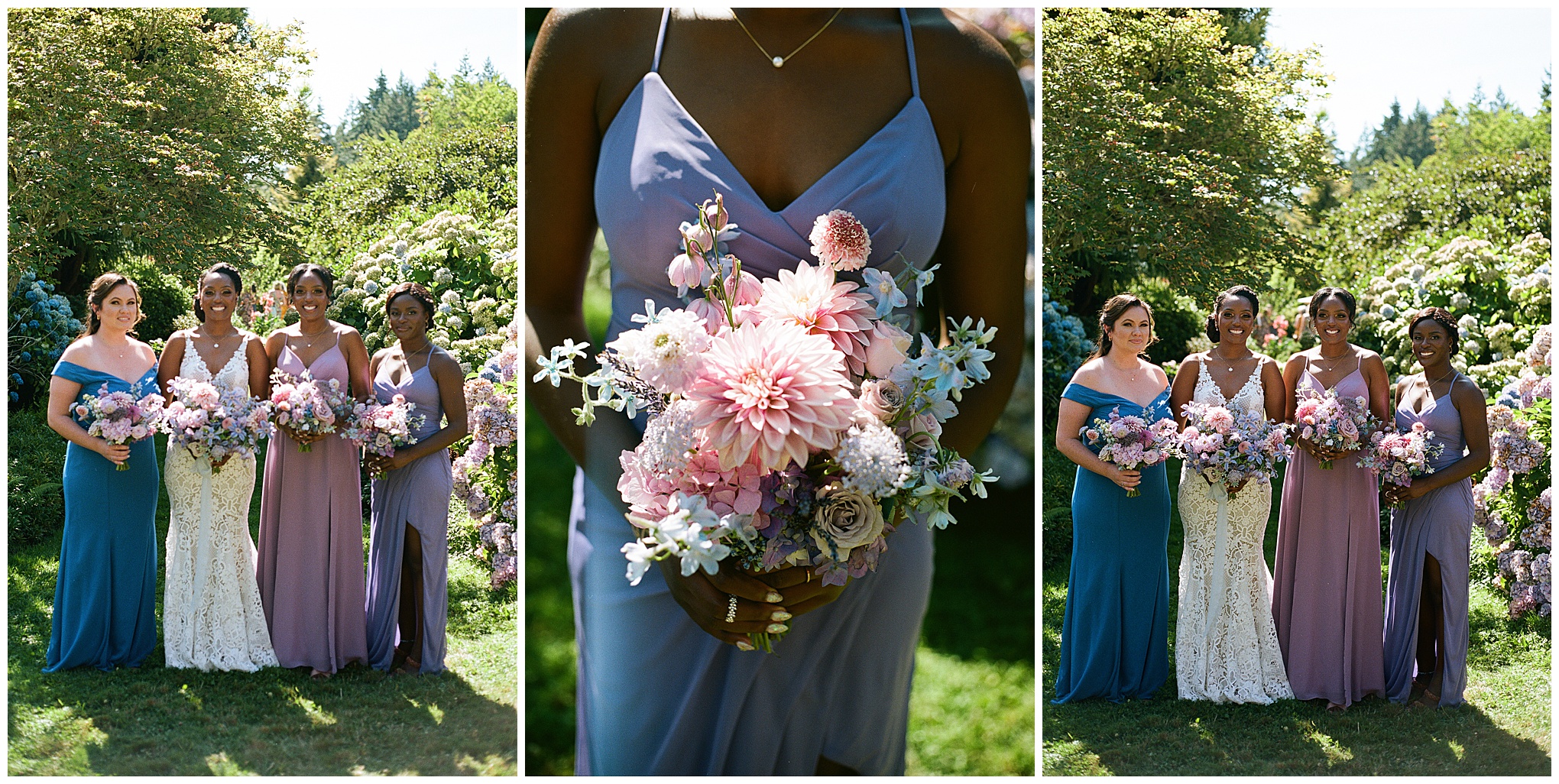 Bride and bridesmaids holding pastel bouquets, smiling in the garden.