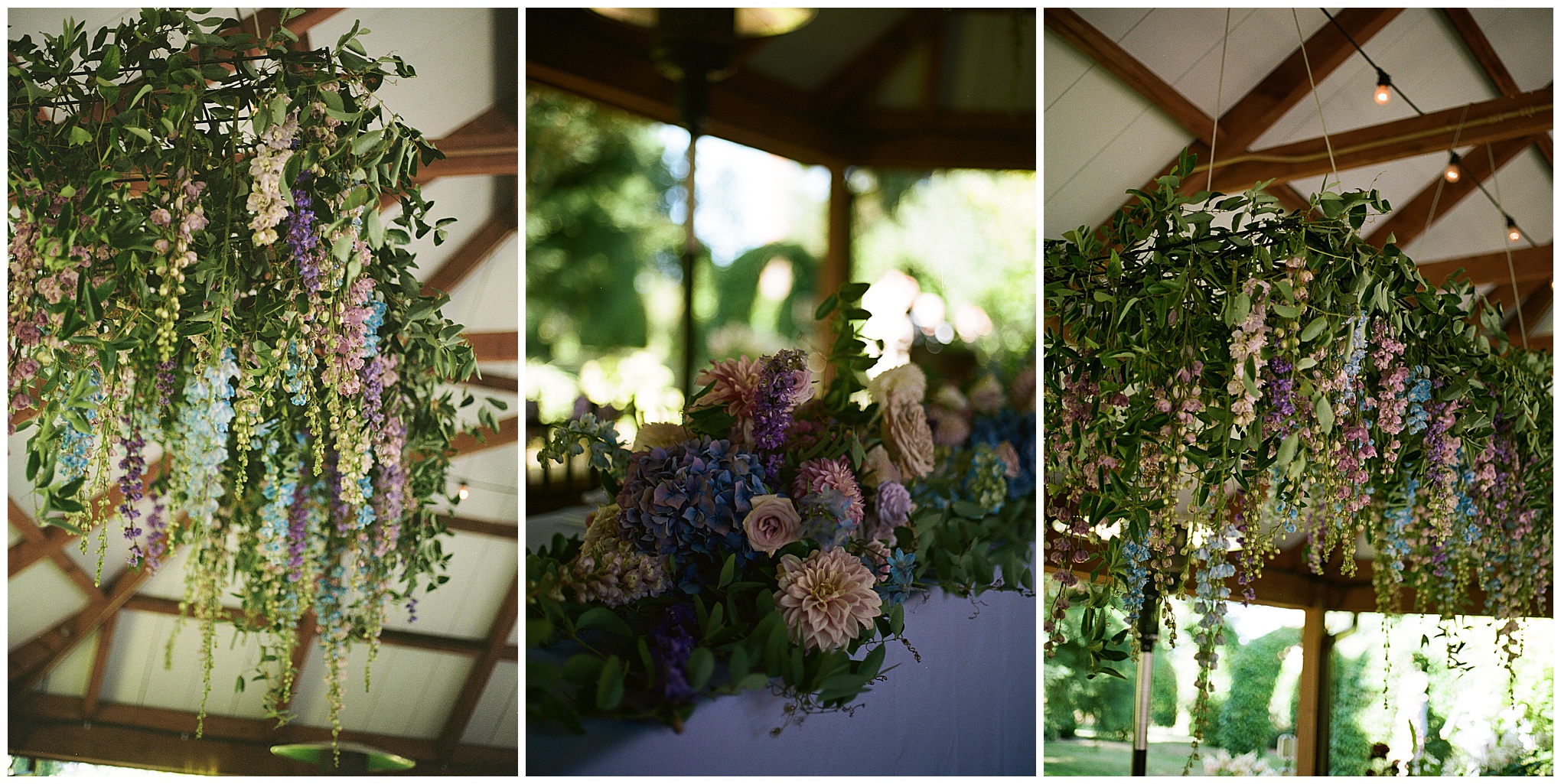 Floral chandeliers hanging from the ceiling.