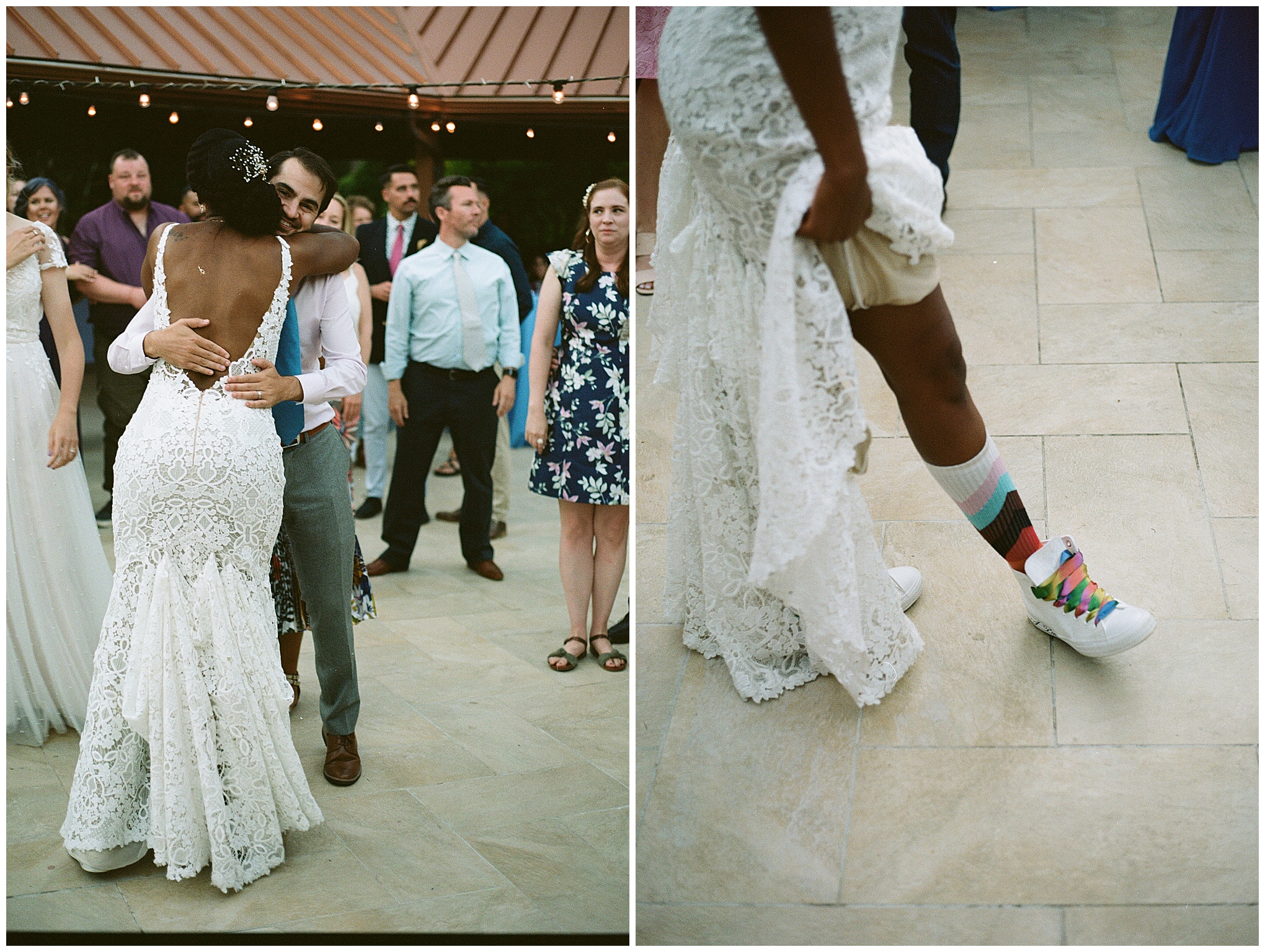 The couple shares a hug, with one partner displaying colorful socks under their dress.