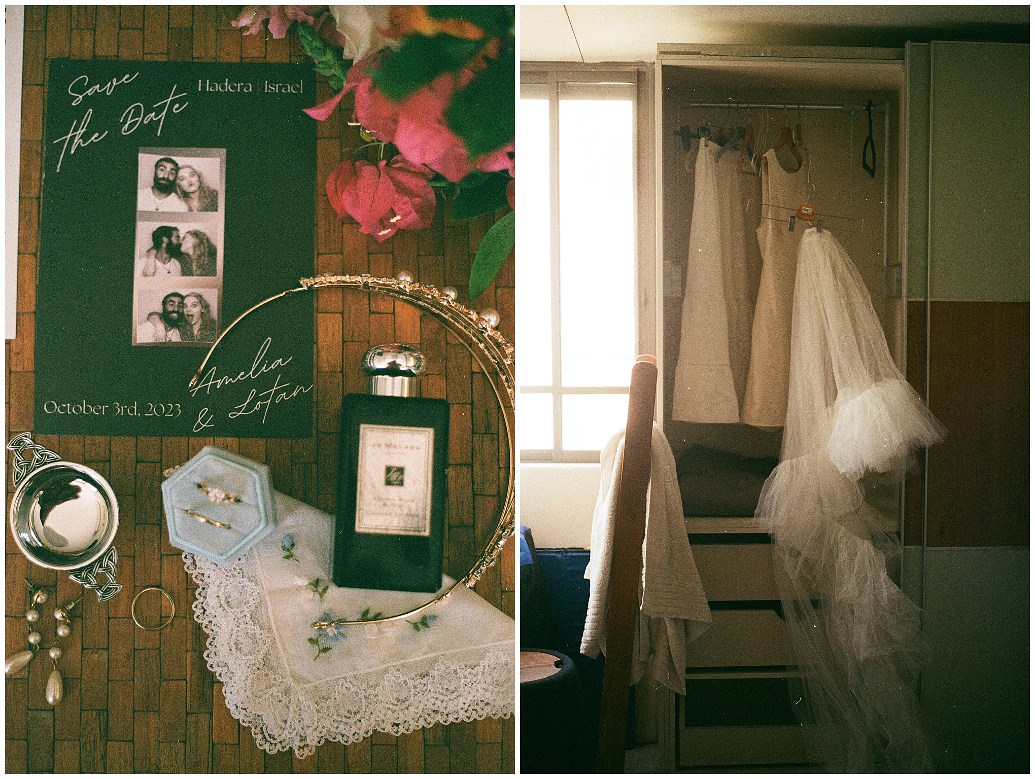 Wedding invitation with Amelia and Lotan's names and photo booth pictures beside wedding rings and perfume. Wedding dress hangs in a sunlit closet with other wedding attire.