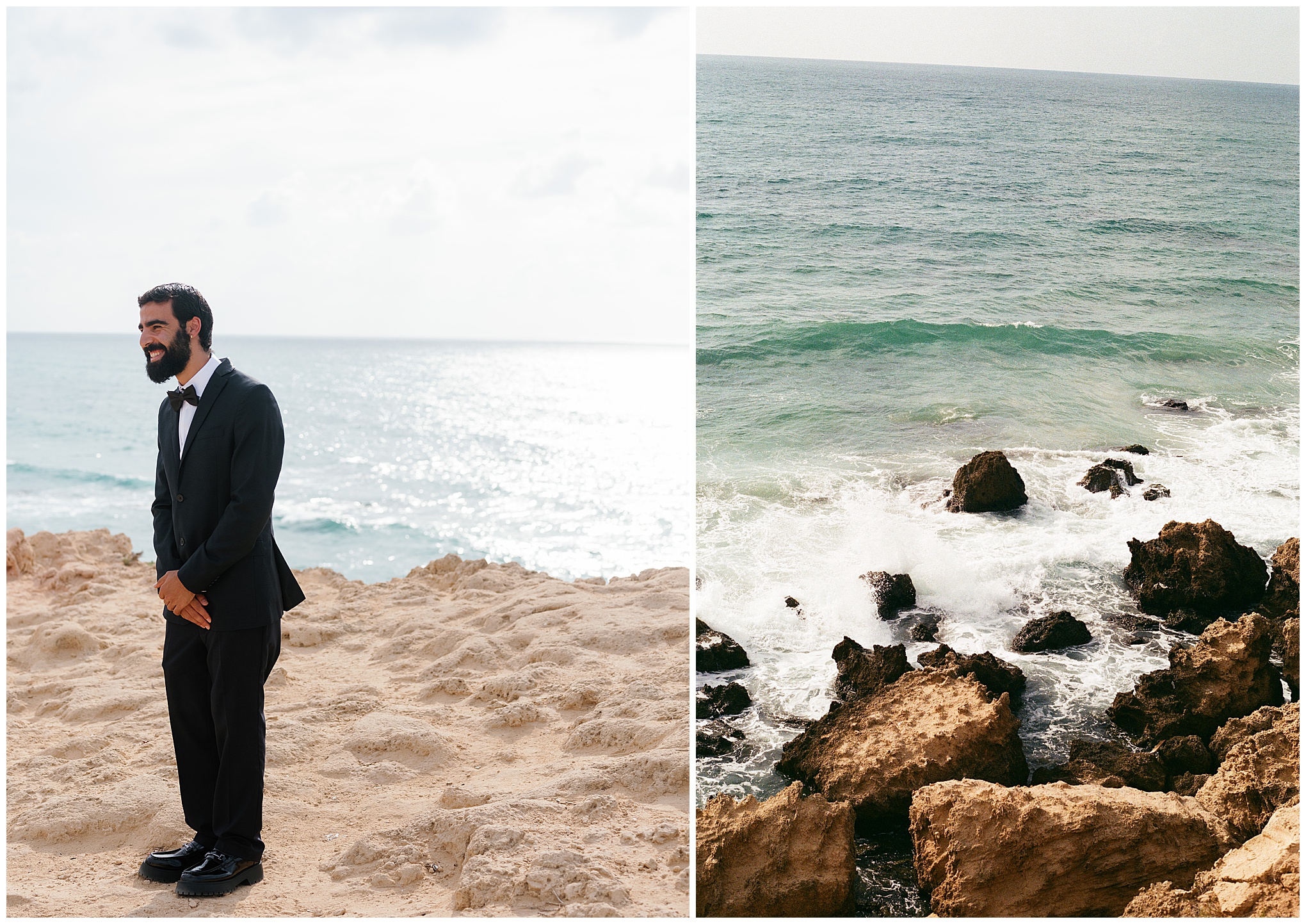 Lotan, in a dark suit, smiling at the cliffside with the Mediterranean Sea in the background. Waves crashing against rocky cliffs.