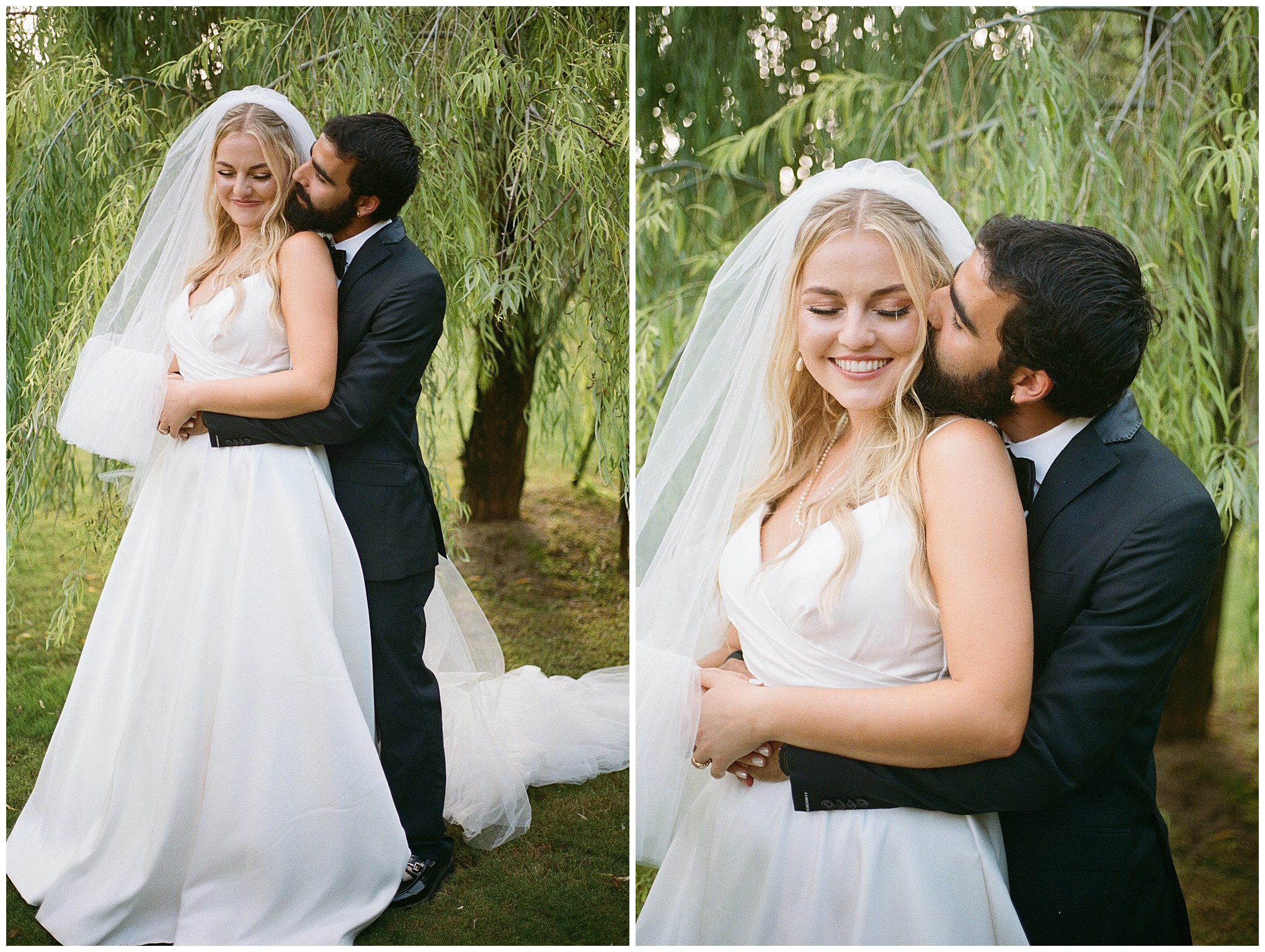 Bride and groom embrace under a willow tree, sharing a sweet moment during their outdoor wedding ceremony.