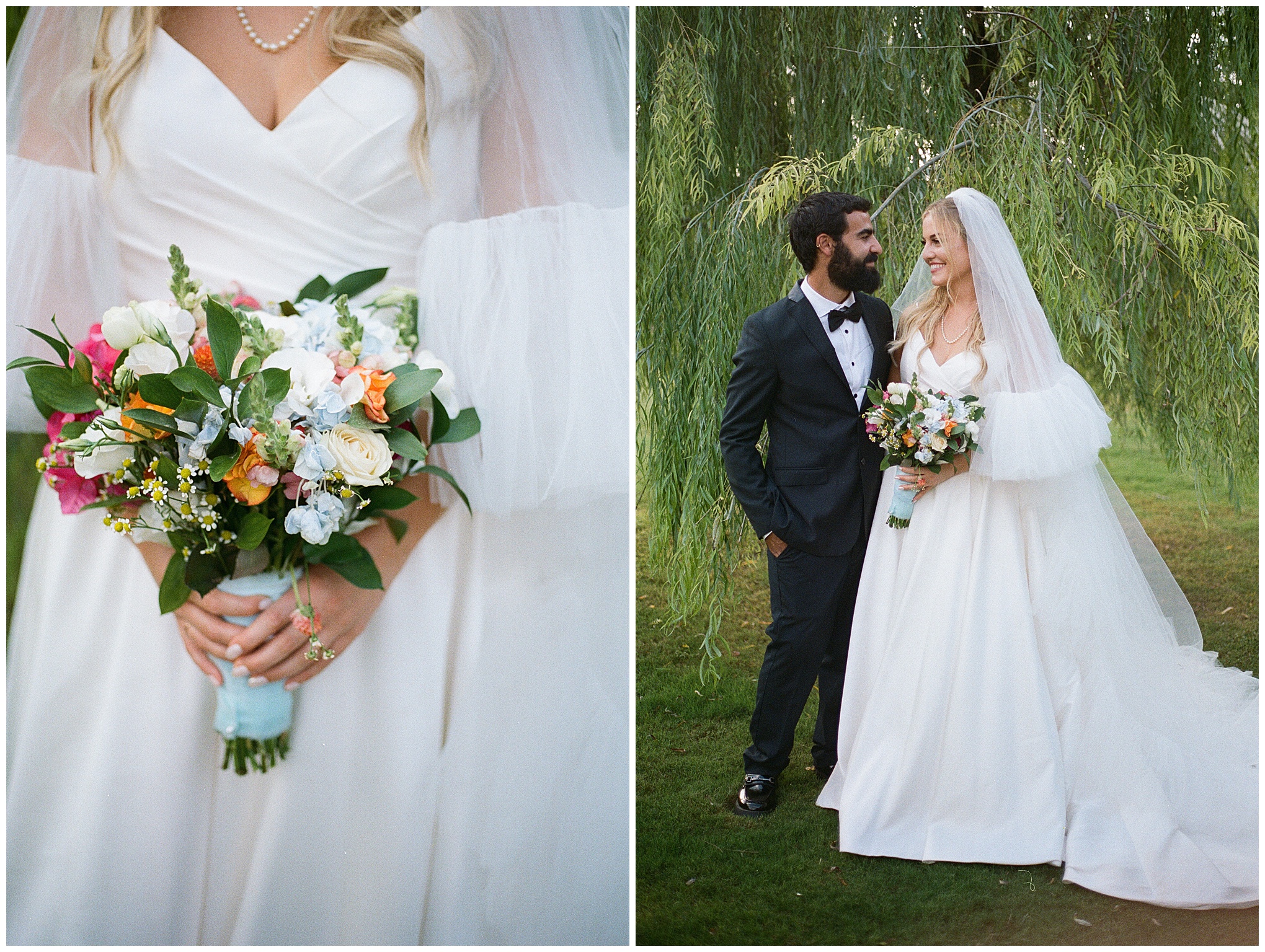 Close-up of bride holding a colorful bouquet, followed by bride and groom smiling under a willow tree.