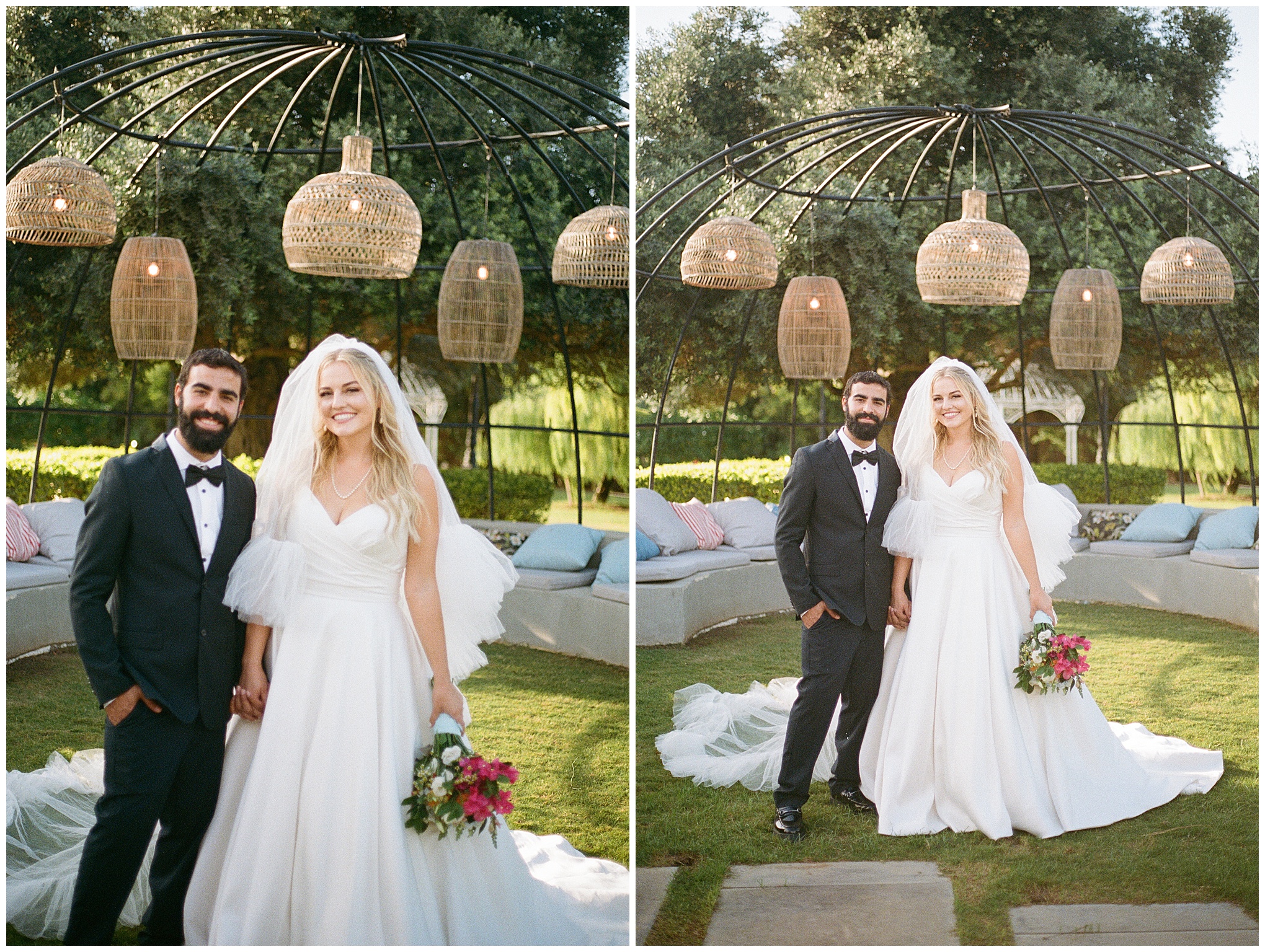 Bride and groom pose in an outdoor lounge area with lanterns overhead, smiling and holding hands.