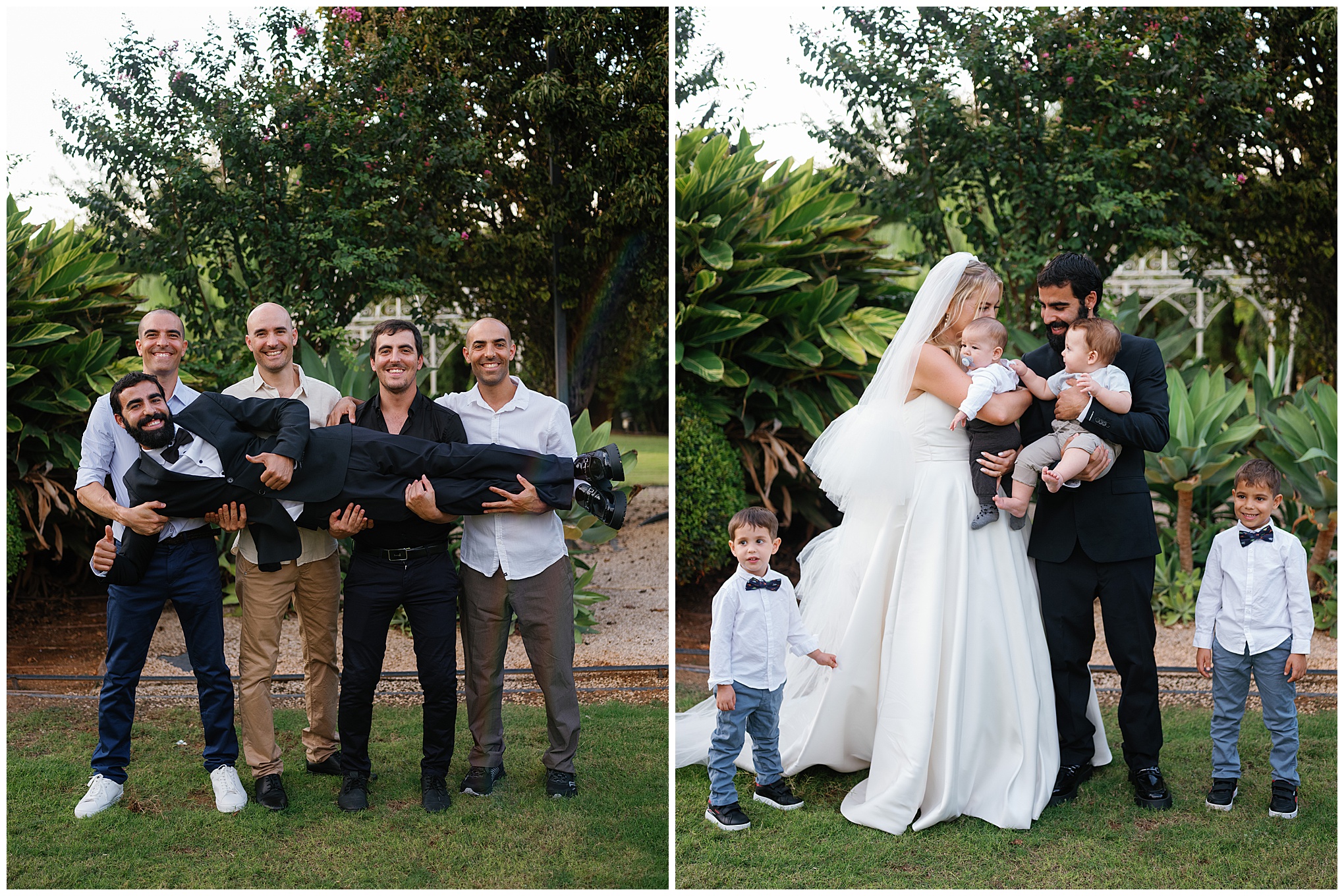 Groomsmen lift the groom playfully, and the bride and groom hold babies with young guests during the wedding celebration.