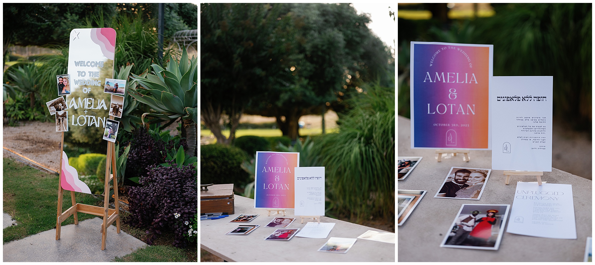 Wedding welcome sign and table display with Amelia and Lotan's invitations and photos at their outdoor wedding venue.