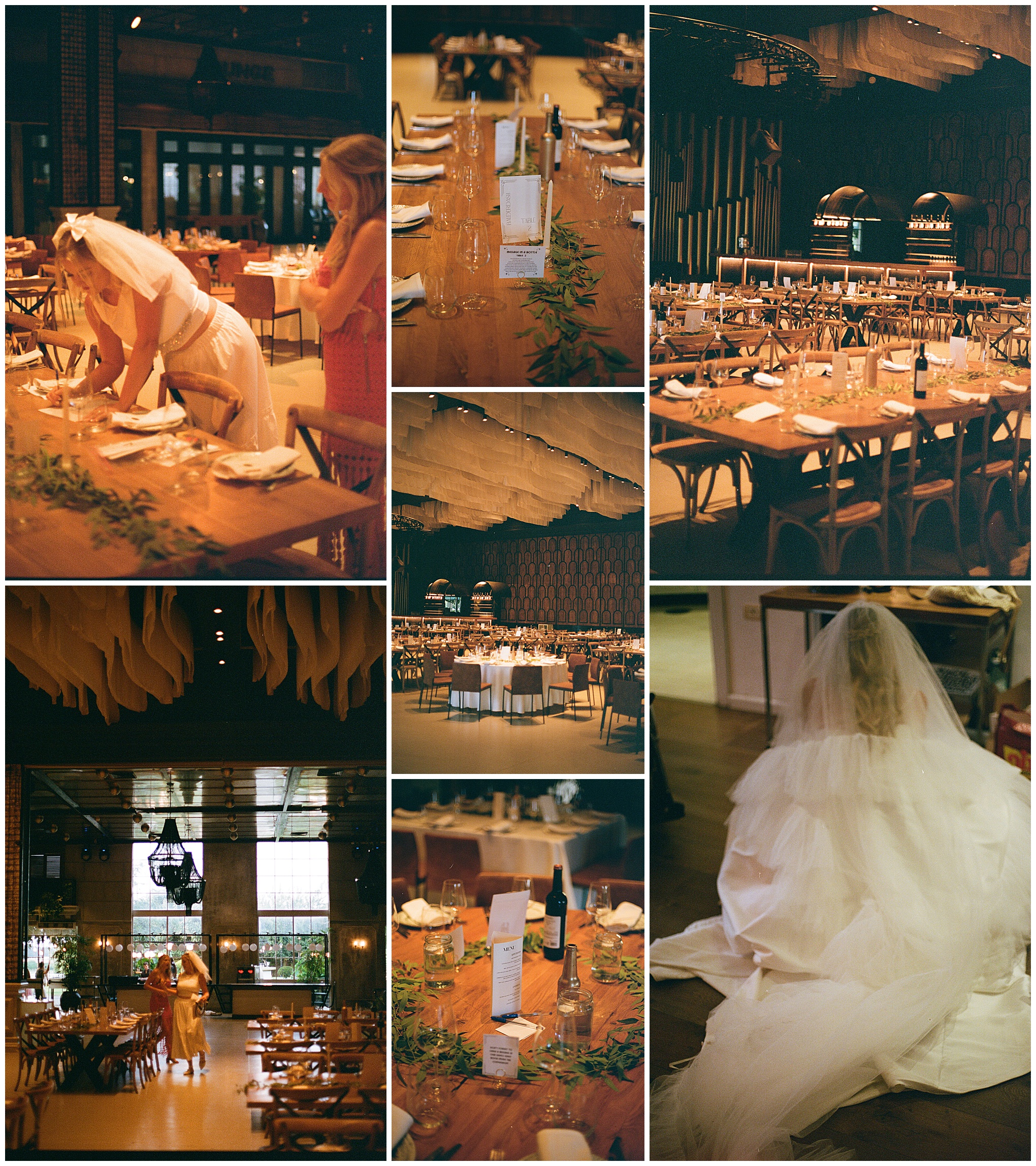 Collage of reception table settings, featuring elegant décor, and the bride preparing for the wedding dinner.