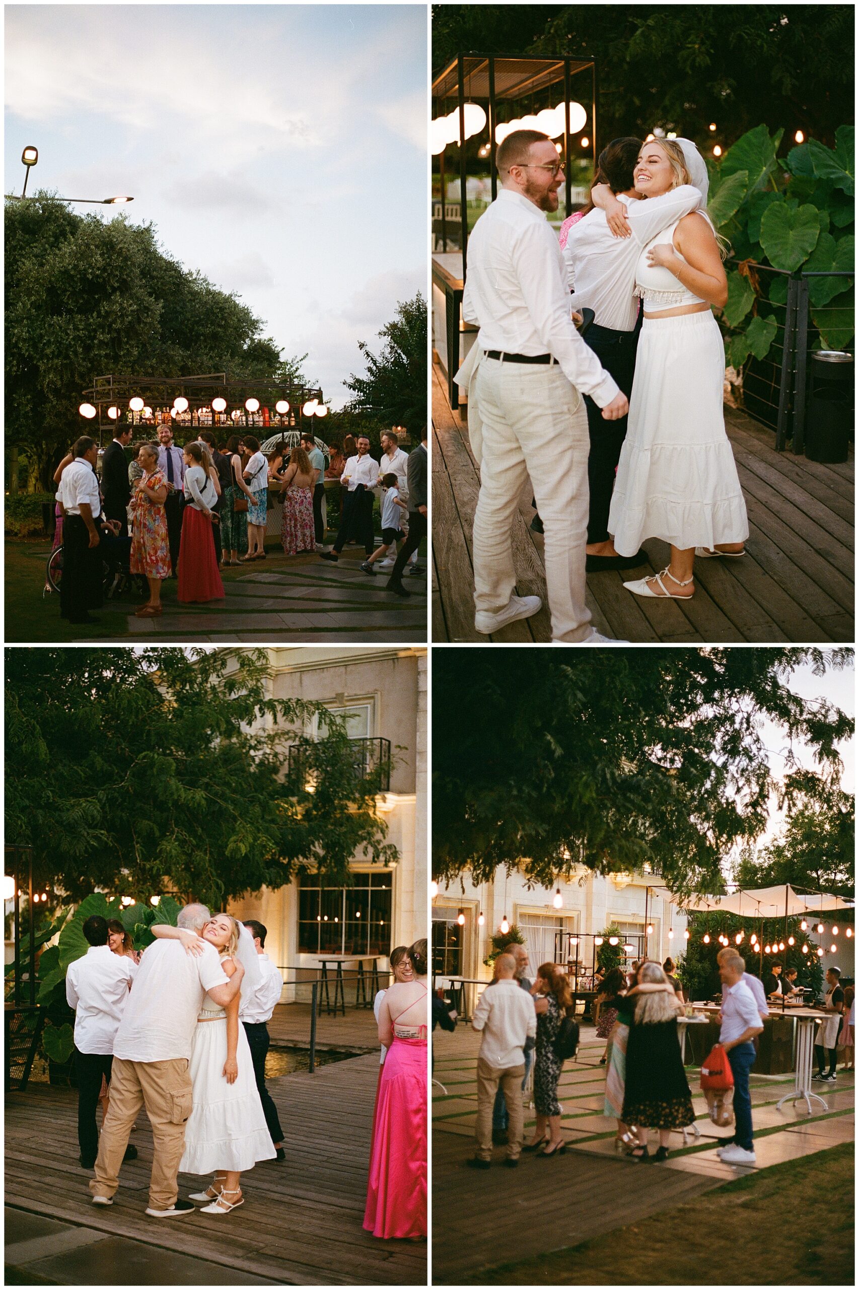 Guests dancing and hugging outdoors under soft lighting at Amelia and Lotan's evening wedding reception.