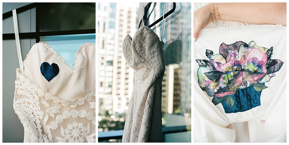 Close-up of Charlotte's intricate lace wedding gown with a heart-shaped patch inside the bodice.