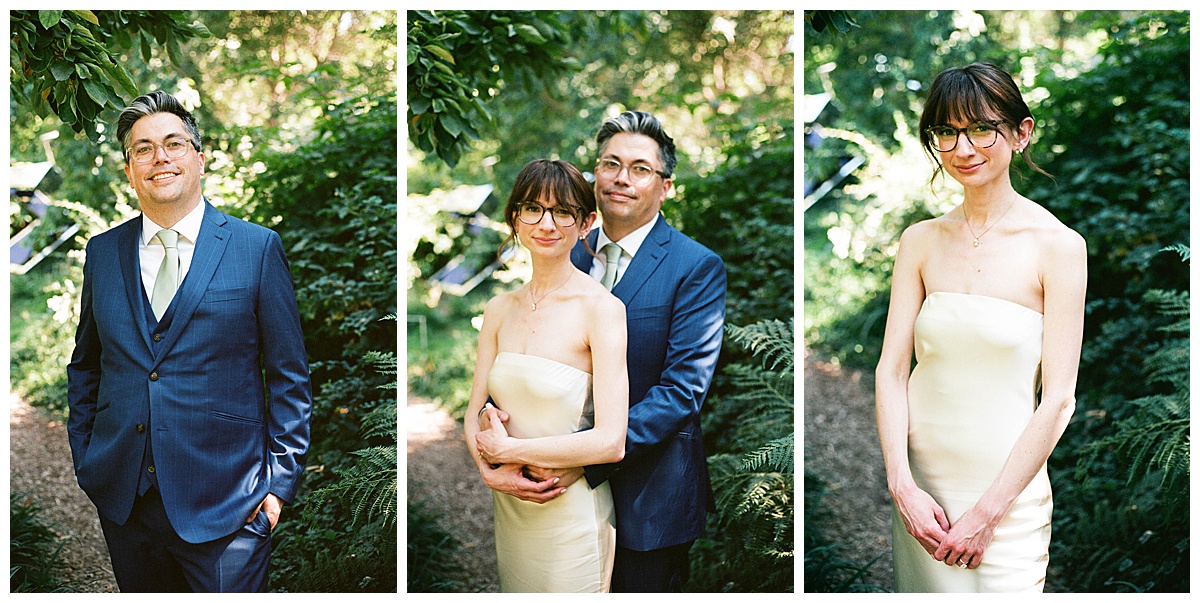 Couple posing in a lush green setting at their downtown Seattle wedding.