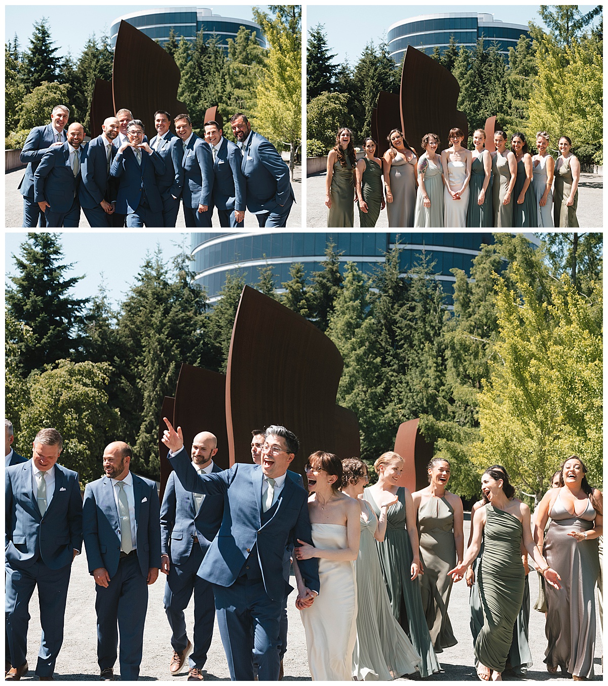 Bride, groom, and wedding party walking together and laughing at Olympic Sculpture Park.