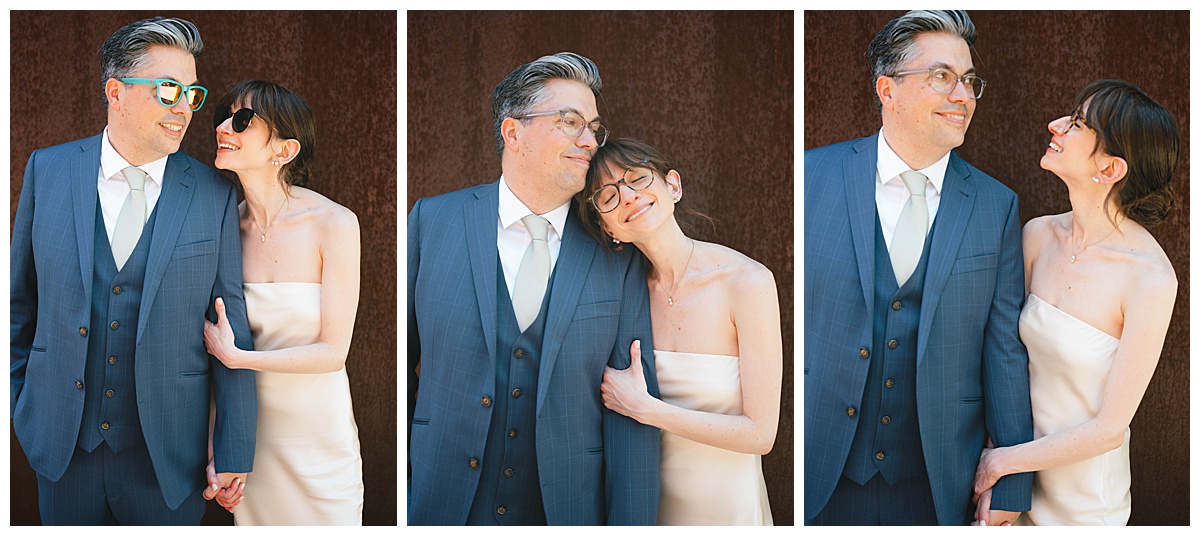 Charlotte and Grant share a playful moment with sunglasses before their Seattle wedding.