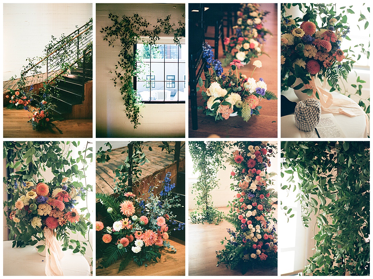 A close-up view of vibrant floral arrangements lining the ceremony space at Block41.