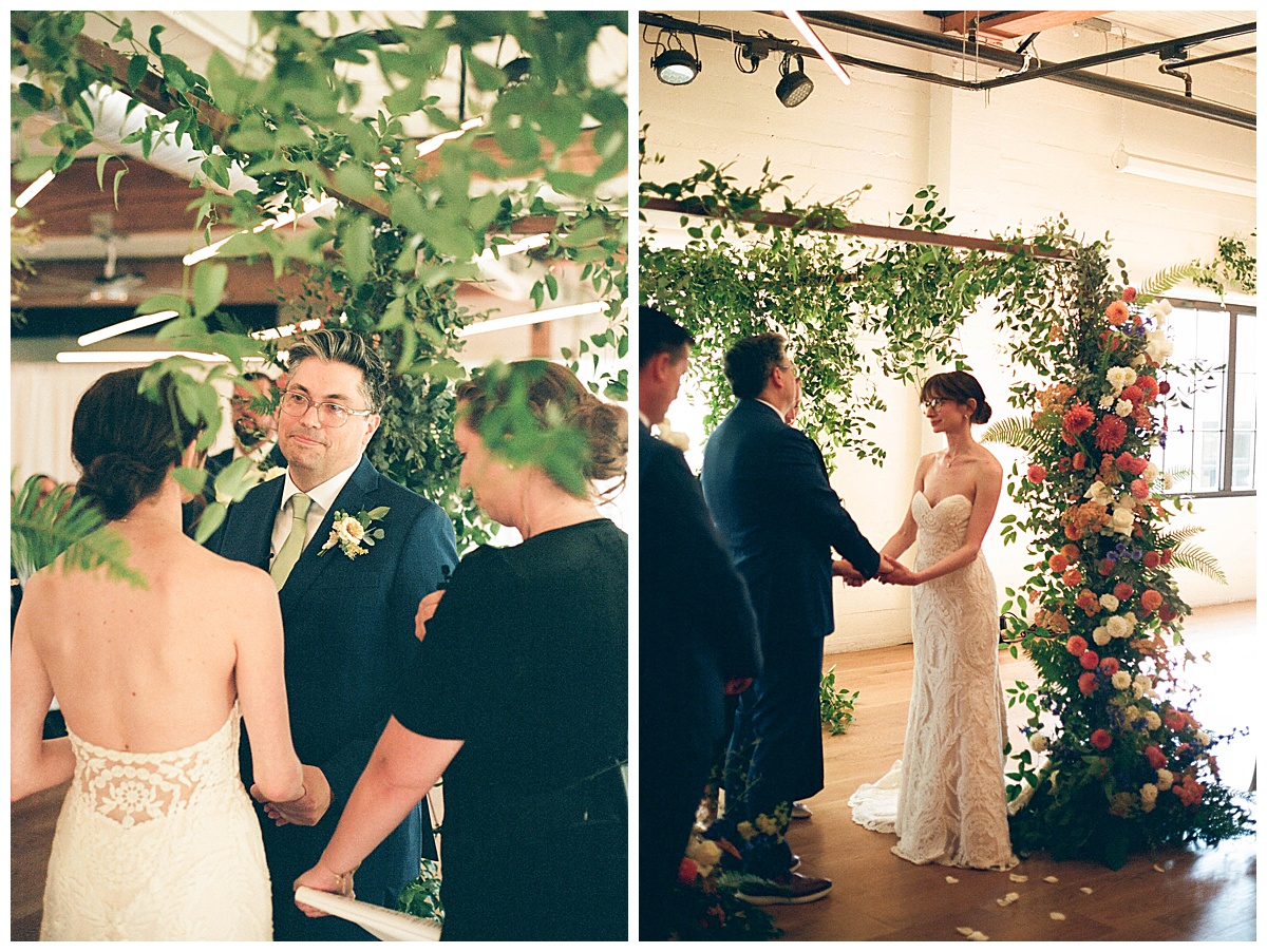 Bride and groom exchange vows under a floral arch during their wedding ceremony at Block41.