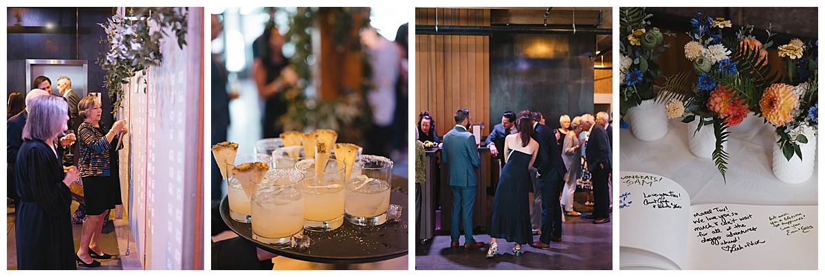 Wedding guests gather outside by a colorful mural for group photos at the reception.