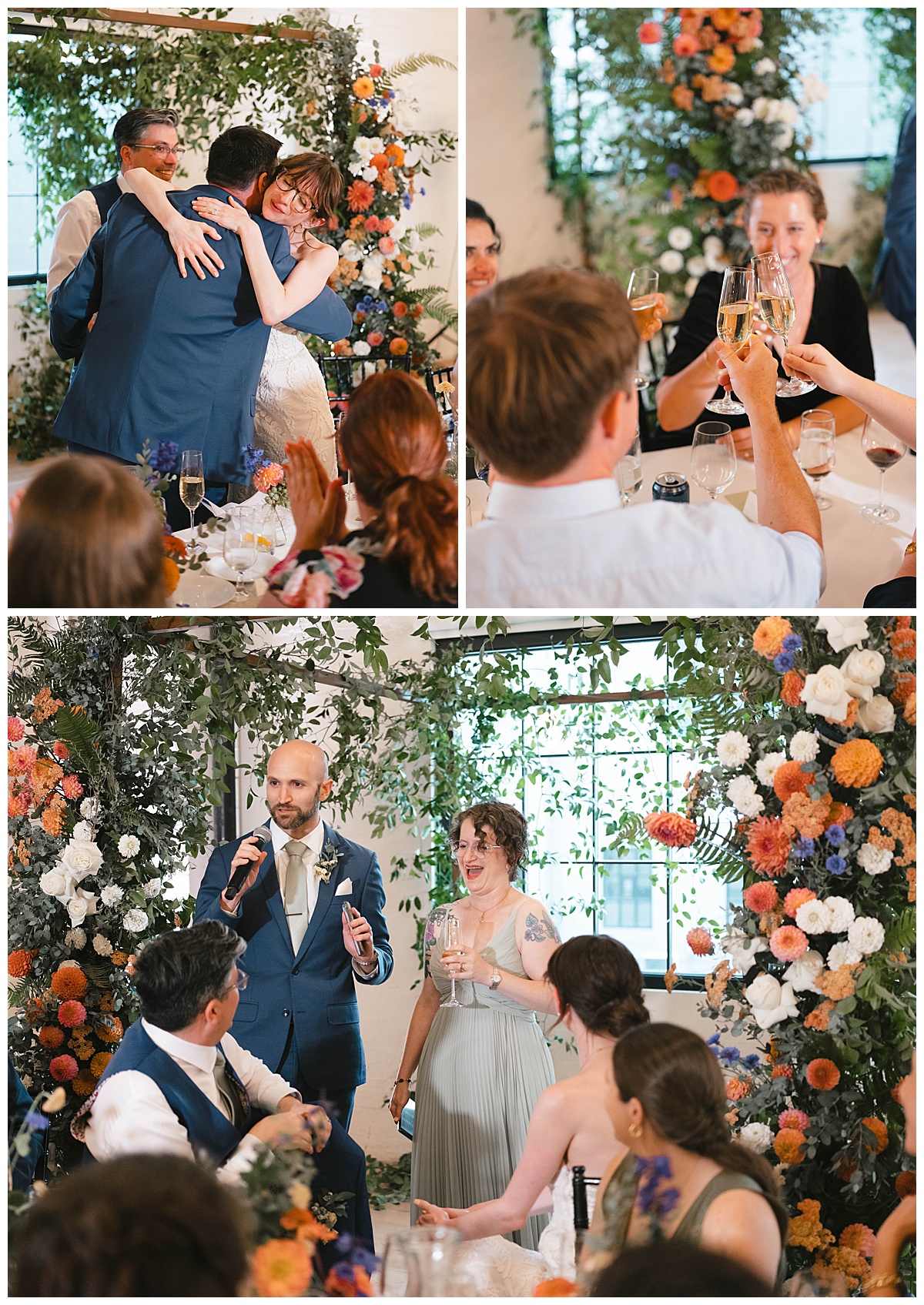 Bride and groom embrace guests during wedding reception speeches, a group toasts with champagne, and the best man gives a speech under a floral arch.