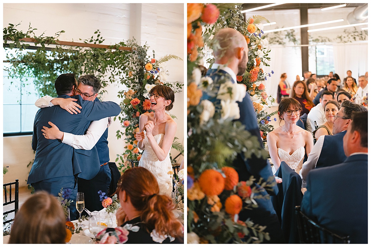 Groom embraces a guest while the bride smiles during the reception speeches, the bride and groom listen to a heartfelt speech from a guest under a floral arch, and the wedding guests enjoy speeches during dinner.