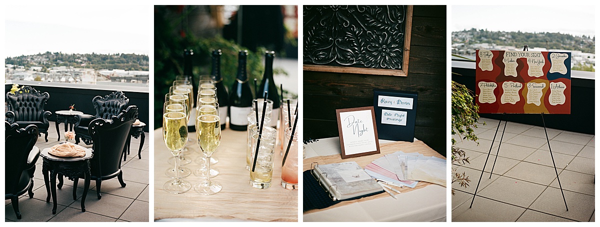 Rooftop wedding details, including champagne glasses, seating, and a colorful seating chart at the Olympic Rooftop Pavilion.