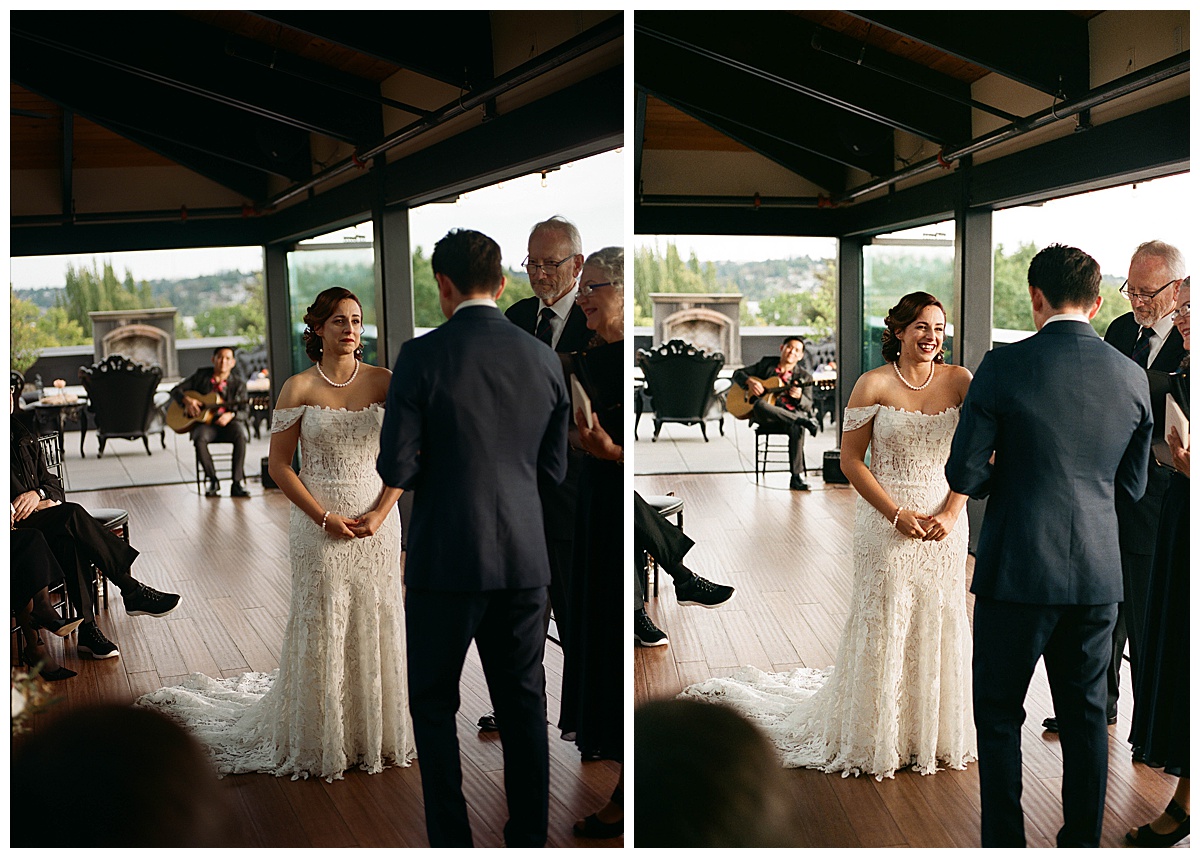 Bride and groom exchanging vows during a heartfelt ceremony at the Olympic Rooftop Pavilion.