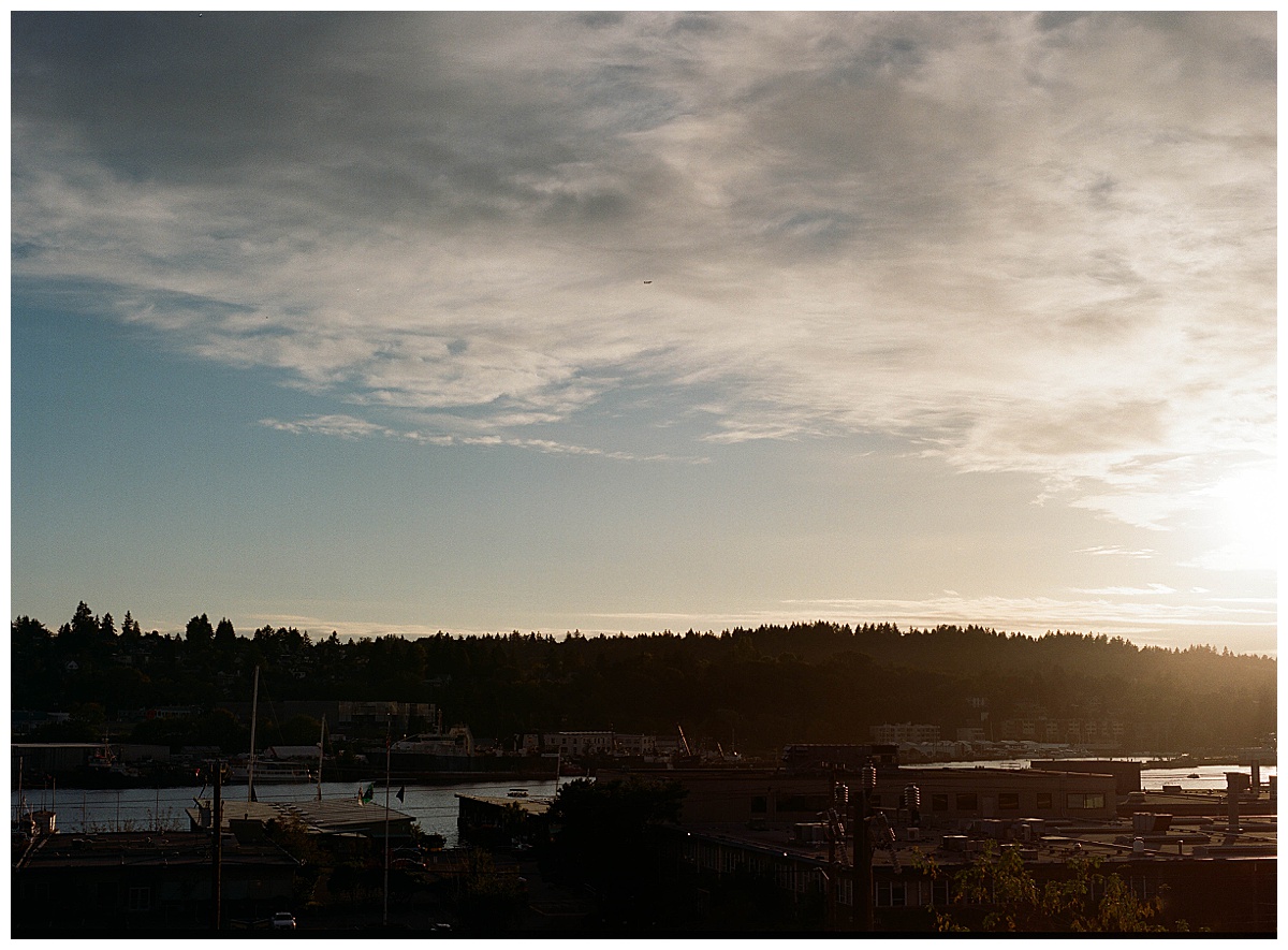 Stunning sunset view of Ballard and surrounding waterways from the Olympic Rooftop Pavilion.