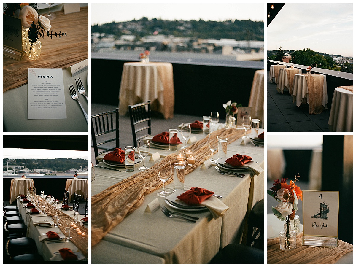 Elegant reception table settings with candlelight, red accents, and floral decor at the Olympic Rooftop Pavilion.