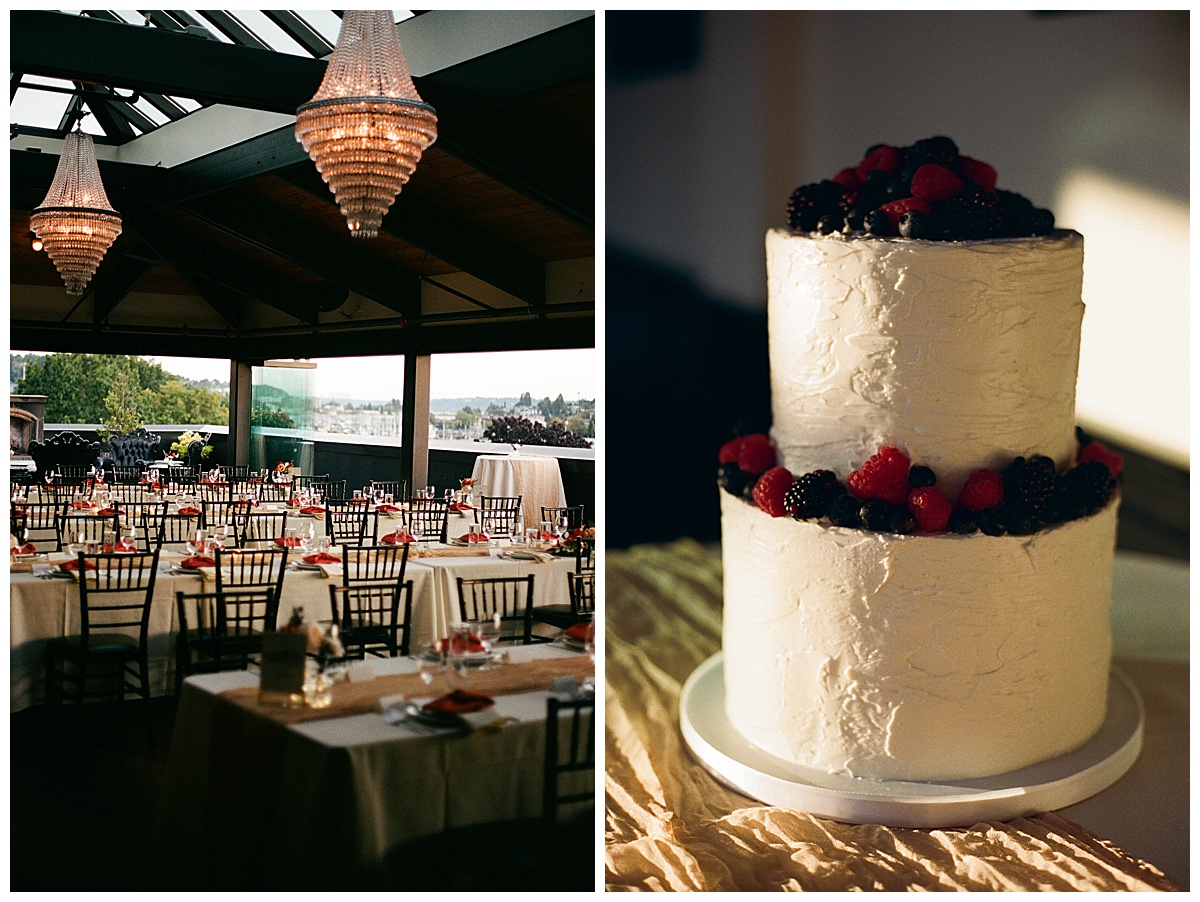 The decorated reception space at the Olympic Rooftop Pavilion alongside a simple wedding cake adorned with berries.